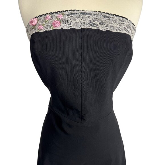 Vintage Y2K Whimsigoth Black Strapless Dress Lace Trim & Pink Floral Embroidery - Picture 2 of 11